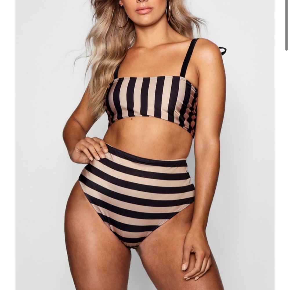 Boohoo Tonal Stripe Bow High Waist Bikini Set